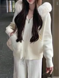 SHEIN ニット ファー パーカー アウター 白