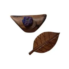 [美品] ブローチ 木製 花 小花 布 葉っぱ アクセサリー 帯留め 木工細工