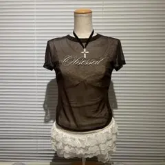 00s シアー　tops gal y2k ラメ 英字 ブラウン