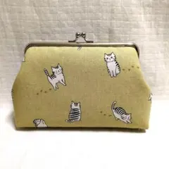 がま口ポーチ　メイクポーチ　ハンドメイド　トラ猫　2号　からし色　ねこ柄