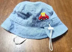 ベビー帽子 グレー 車の刺繍 チェック柄