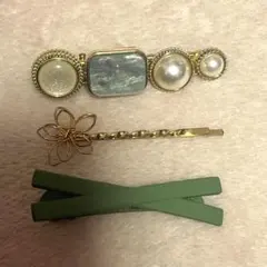 パール装飾 ゴールド ヘアピン 緑 セット