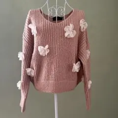 【IRIS Club by ISBIT】花モチーフサーモンピンクのニット