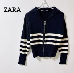 ZARA 大きめ襟 ストライプニット ジップアップ 羽織り レトロ風 レディース