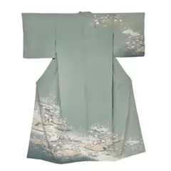 訪問着 手描友禅 正絹 ちりめん 中古 七五三 宝尽くし 緑 №ymk0070