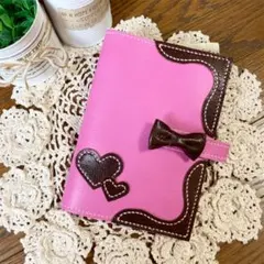 ご確認用　牛革 桃色　B6 手帳カバー　本革　ダークチョコ　ハート　ピンク