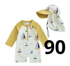 【新品】ベビー水着(男の子) 帆船プリント 90帽子付き