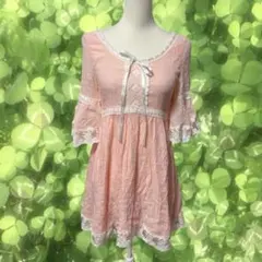 森ガール フェアリーグランジ ピンク レース付き五分袖フリルチュニック