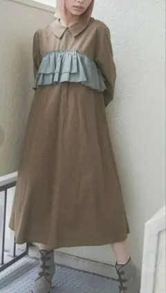 メリージェニー　チェックアシメフリルワンピース　グリーン