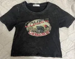 SHEIN ウォッシュ加工 ブラック クロップドTシャツ Tシャツ ミニT