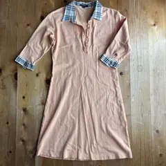 バーバリーロンドン　M オレンジ ポロシャツ チェック柄襟 7分袖　ワンピース