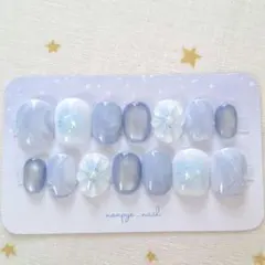 青系♡ぷっくりお花♡ニュアンスネイルチップ14本セット♡ベリーショート