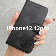 iPhone12.12pro 手帳型スマホケース　レザー　黒　柴犬　犬　シンプル