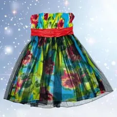 カラフル 鮮やか 花柄 ベアトップ ワンピ フレア チュール ワンピース