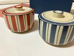 【たち吉】蓋つき煮物椀 赤と青のストライプ2個セット
