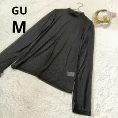 GU ジーユー ハイネックカットソー 長袖 シアー生地 黒 無地 トップス/M