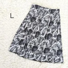 フレアスカート 膝丈 ペイズリー柄 総柄 モノトーン ウエストゴム 上品 L