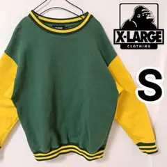 X-LARGE 緑黄バイカラースウェットトレーナー メンズS ゆるダボストリート
