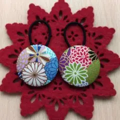琉球　花柄 　和柄　（2）くるみボタン ヘアゴム38mm2個セット