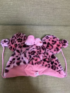 ピンク ヒョウ柄 耳付き帽子