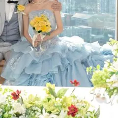 カラードレス　水色　フリル刺繍 専用クリーニング済み【パニエ付き】