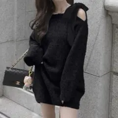 ワンショルダーベロアリボンニットミニワンピース[dr796]