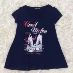 【CECIL McBEE】Tシャツ 半袖 フレア ラメ リボン ネイビー （M）