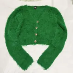 ZARA フェイクファー シャギーニット カーディガン クロップド グリーン M