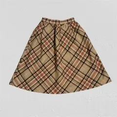 ベージュ系 レトロチェック柄 フレアスカート ミモレ丈 裏地付き 古着