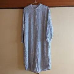 無印良品 リネン100 ストライプ 前開きバンドカラーシャツワンピース ロング