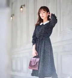 【tocco closet】ドット柄ワンピース　白襟つき　長袖