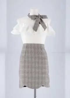 DAZZY　グレンチェックネックリボンフリル袖タイトミニドレス　Sサイズ