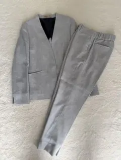 オリヒカライム　ノーカラー　パンツスーツ　ブルー系　Lサイズ 洗える