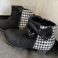 ブーツ　女の子　20.0cm リボン　キッズ　靴　スエード　黒　白