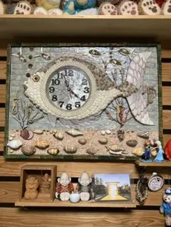 【特大】貝殻アート 壁掛け時計 魚モチーフ