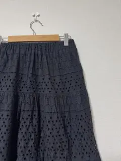 ロングスカート 刺繍 レース ウエストゴム ブラック