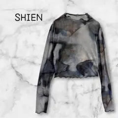 【SHIEN】 長袖Tシャツ　ロンT シアー素材　トップス　ストレッチ　総柄