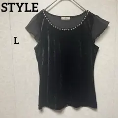 STYLE パール装飾 シフォン切替 半袖トップス(L) ブラック フェミニン