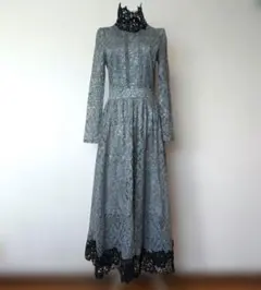 希少ブルーグレー ハイネック レースワンピース ドレス マキシ丈 襟&裾切り替え