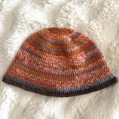 手編み クロシェハット オレンジ バケットハット コットンニット ビーニー