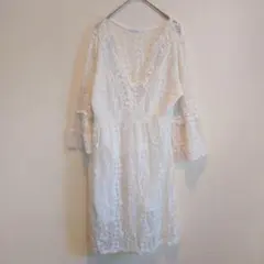 イタリア製 総レース Vネック ワンピース インポート ヴィンテージ風 ホワイト