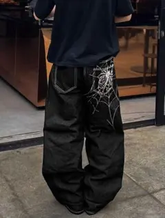 蜘蛛の巣刺繍ワイドレッグデニムパンツ