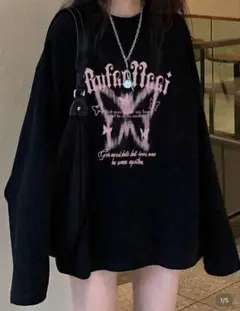 Shein バタフライプリント 長袖カットソー ブラック