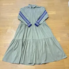 オリーブ色 ストライプ袖 長袖シャツワンピースのサムネイル