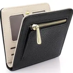 新品✨ 本革 ミニ財布 二つ折り財布 シンプル ブラック 黒 軽量 薄型 箱付き