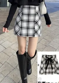 GRL バックリボンツイードチェックミニスカート アイボリー