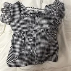 フリル付きギンガムチェック半袖シャツ