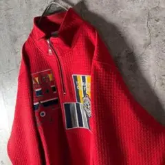 人気Lサイズ★ハーフジップスウェット ビッグロゴ ワッフル生地 刺繍ワッペン