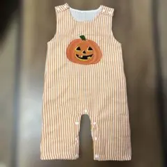 ハロウィン　かぼちゃ　オーバーオール　ロンパース　ストライプ