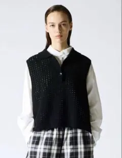 mizuiro ind ミズイロインド　襟付きウール混ショートベスト　ブラック